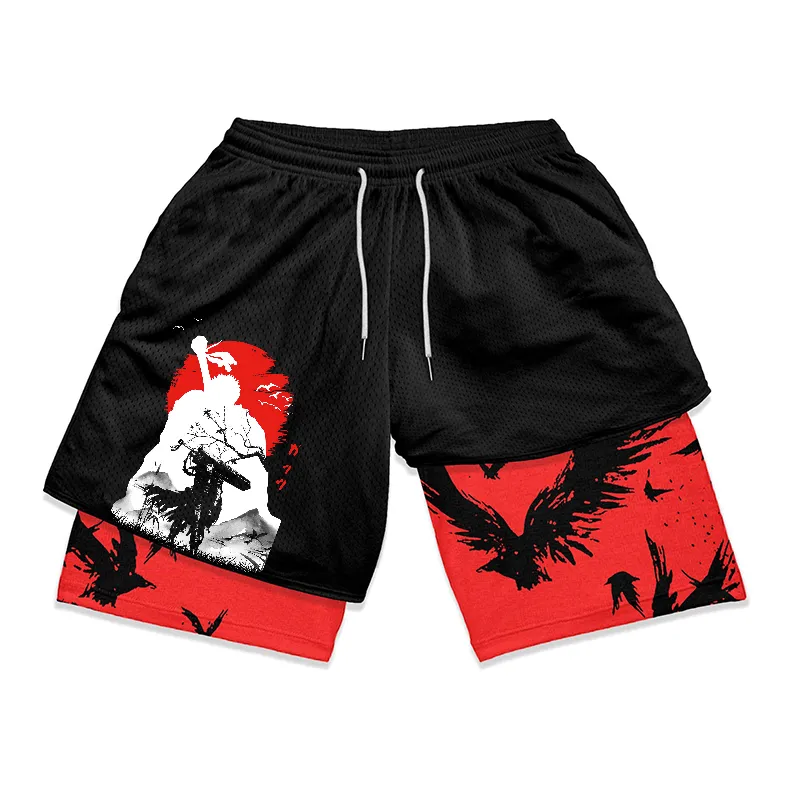 Anime Berserk 2 in 1 Gym Shorts for Men Active Athletic Compression Shorts 5 Inch Quick Dry Stretchy Training Fitness Workout