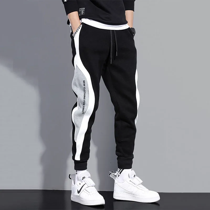 Autumn Men's Wide Loose Casual Pants Mens Patchwork Nine-point Sports  Elastic Rope Breathable Tie-foot Trousers